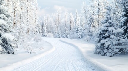 Obraz premium A snowy road with trees in the background. The road is empty and quiet. The snow is deep and the trees are bare