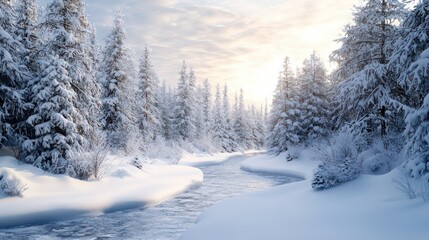 Fototapeta premium A snowy forest with a river running through it. The trees are bare and covered in snow. The sky is cloudy and the sun is setting