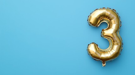 Gold balloon number 3 with copy space, third years anniversary on blue background. Party, birthday, celebration and wedding banner
