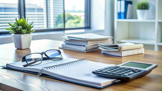 Organized office desk with calculator, glasses, and tax papers, conveying a sense of expertise and attention to detail in estate tax planning and management.