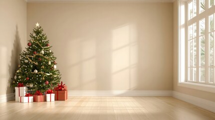 A large empty room with a Christmas tree in the corner. The tree is decorated with lights and ornaments. There are two red boxes on the floor, one on the left and one on the right