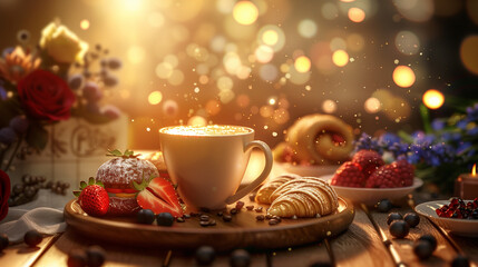 A cozy morning scene with a cup of coffee, croissant, berries, and pastry, highlighted by warm bokeh lights