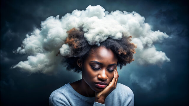 Woman With Clouds In Her Hair, Feeling Overwhelmed.
