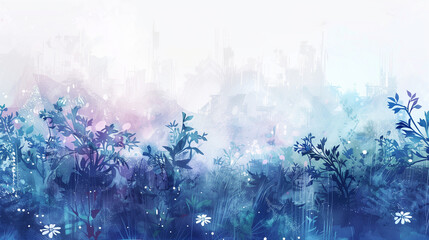 Fototapeta premium Abstract landscape with blue and purple tones, featuring plants in the foreground and a faint urban skyline in the background