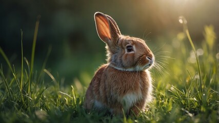 Fototapeta premium closeup of an adorable cute rabbit hidding in a green field with beautiful sunlight.