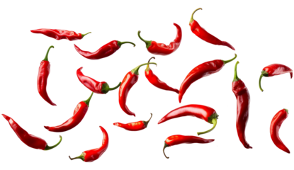 flying chili peppers isolated on transparent background cutout.