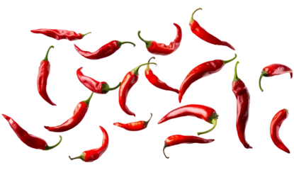 flying chili peppers isolated on transparent background cutout.