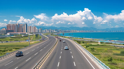Fototapeta premium Modern highway leading to a coastal city skyline with mountains and a bright blue sky