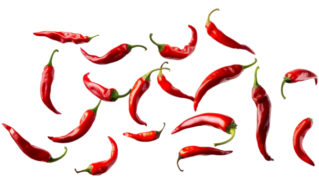 flying chili peppers isolated on transparent background cutout.