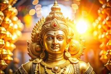 Glowing Deity Statue concept as Mid shot of a deity statue glowing in a soft golden light inside a temple with a glossy finish on the statue enhancing the divine and serene atmosphere perfect for Duss