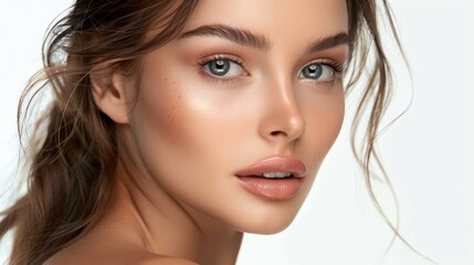 Fototapeta premium Beautiful model posing for makeup products on solid white background