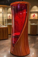 a red and wood shaped chair in a room