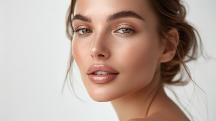 Naklejka premium Beautiful model posing for makeup products on solid white background