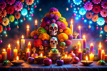 Glowing Digital Ofrenda with Neon Light Effects concept as A vibrant digital artwork featuring a glowing ofrenda with neon light effects and abstract patterns representing the traditional offerings of