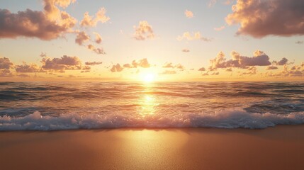 The sun is setting over the ocean, casting a warm glow on the water. The sky is filled with clouds, creating a serene and peaceful atmosphere. The beach is empty