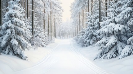 Obraz premium A snow covered forest with a road running through it