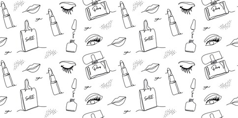 Elegant one-line seamless background with the image of fashionable elements. eyes, lips, lipstick, a dot in a minimalist style. Fashionable illustration for print, paper. cosmetic, banner. art naive  