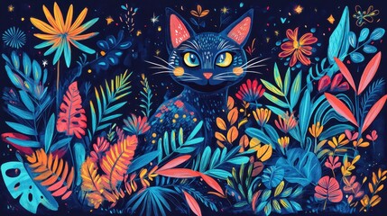 a painting of a cat surrounded by plants and flowers