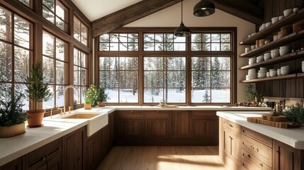 A kitchen with a lot of windows and wooden cabinets. The kitchen is very bright and has a warm, inviting atmosphere