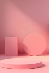 A minimalistic design featuring a pink background with two round and straight podiums for product display.