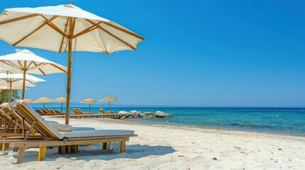 Obraz premium Beach holiday scene with beach chairs and umbrellas under clear blue skies