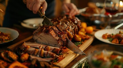 Close-up of hands carving a succulent holiday roast at a family dinner.