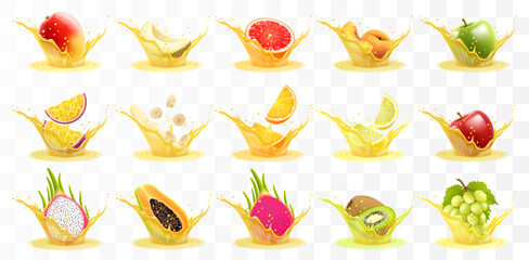Naklejka premium Juice of Mango, melon, orange, peach, apple, passion fruit, banana, grapefruit, lemon, grape, papaya, dragon fruit, kiwi. Fresh fruits and splashes, 3d realistic vector icon set