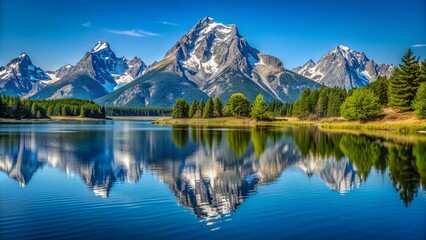 Picturesque View Of The Towering Teton Peaks Against A Clear Summer Sky, Reflecting In The Pristine Waters Of Jackson Lake.