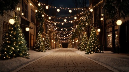 A street with Christmas lights and trees. Scene is festive and joyful