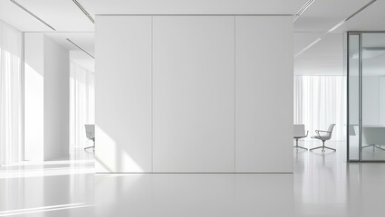 Fototapeta premium White open space office interior, mock up wall modern business empty blank banner for workplace corporate with light, comfortable desk chair and computers inside, decor area floor table