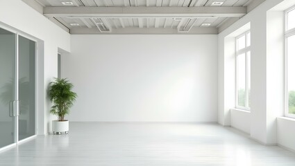 Fototapeta premium White open space office interior, mock up wall modern business empty blank banner for workplace corporate with light, comfortable desk chair and computers inside, decor area floor clean table