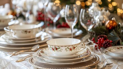 Fototapeta premium Elegant holiday dinner table set with fine china and festive centerpieces. 