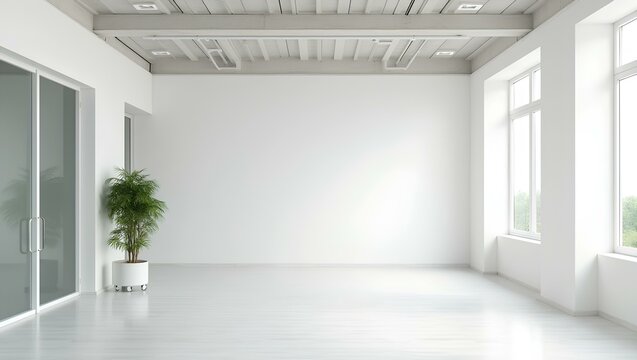  White open space office interior, mock up wall modern business empty blank banner for workplace corporate with light, comfortable desk chair and computers inside, decor area floor clean table