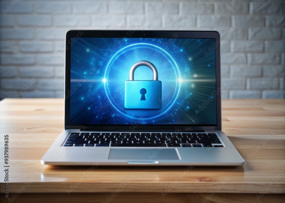 Poster private laptop access with secure login and strong password, protected by firewall and cyber safety 