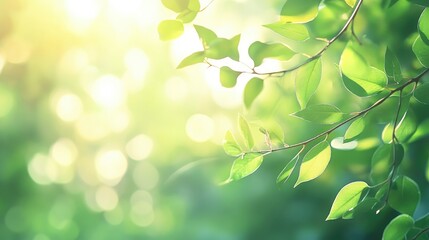 Obraz premium Soft green blurred background with warm sunlight filtering through leaves, creating a peaceful, nature-inspired scene.