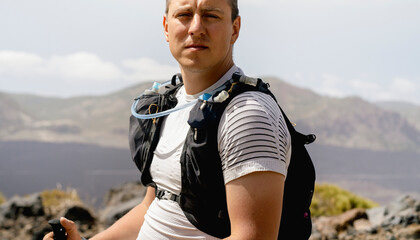 A runner with a hydration system, a man on a trail running marathon.