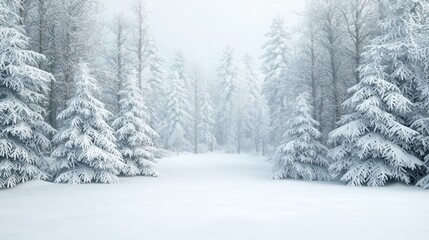 Naklejka premium A snowy forest with trees covered in snow. The scene is peaceful and serene