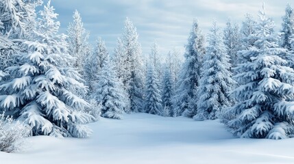 Obraz premium A snowy forest with pine trees and a clear blue sky. The scene is peaceful and serene, with the snow-covered ground and trees creating a sense of calm