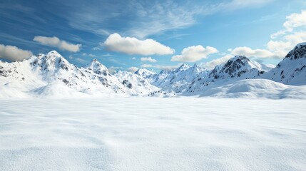 Obraz premium A snowy mountain range with a clear blue sky. The mountains are covered in snow and the sky is filled with clouds. The scene is peaceful and serene, with the mountains towering over the vast