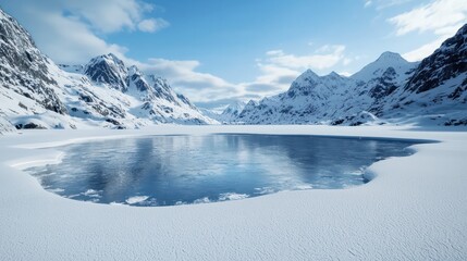 A large body of water surrounded by snow and mountains. The water is frozen, but the reflection of the mountains in the water gives the impression of a warm, inviting atmosphere
