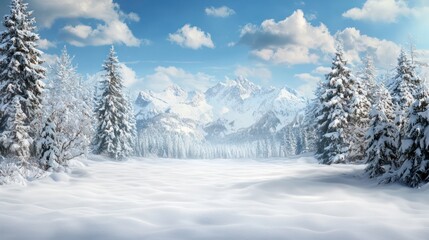 Fototapeta premium A snowy landscape with a mountain range in the background. The scene is peaceful and serene, with the snow-covered trees and mountains creating a sense of calmness and tranquility