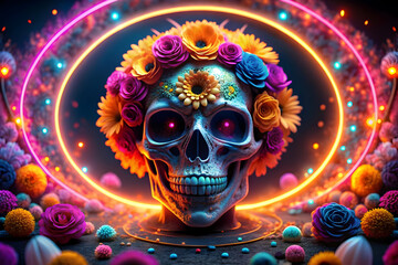 Glowing Sugar Skull with Digital Light Trails concept as A digital artwork showcasing a glowing sugar skull surrounded by flowing light trails set against an abstract background. The design emphasizes