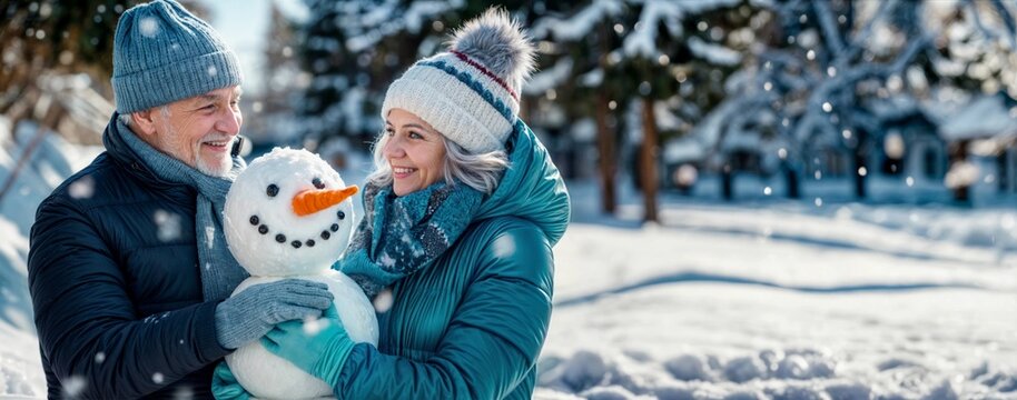 Winter snowman with senior couple. Elderly family making snow man. Happy active mature people. Old seniors winter lifestyle. Adult couple outside fun. Older man and woman building snowman banner