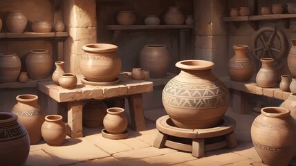 Pots in a shop, studio pottery with natural lighting