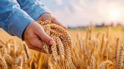 Hands gently holding ripe wheat in a golden field at sunset, showcasing the beauty of agriculture and nature.