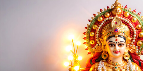 Goddess Durga Statue Illuminated concept as Mid shot of a statue of Goddess Durga illuminated with soft glowing lights during Dussehra with a glossy finish on the statue emphasizing the divine and pow