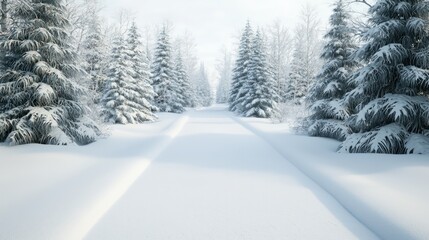 Obraz premium A snowy road with trees in the background. The snow is piled up on the ground and the trees are bare
