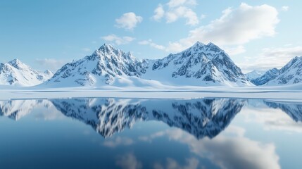 A beautiful mountain range with a large body of water reflecting the mountains. The scene is serene and peaceful, with the mountains towering over the calm water