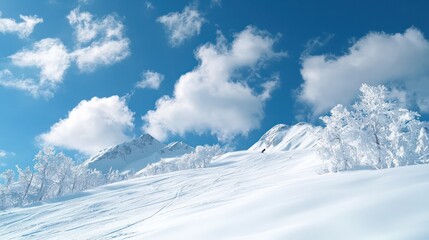A snowy mountain range with a clear blue sky. The clouds are white and fluffy. The snow is white and covers the ground