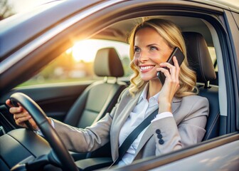 Professional woman driving car while engaged in phone call, discussing work projects, client updates, and job tasks during daily commute to office, balancing work and life.